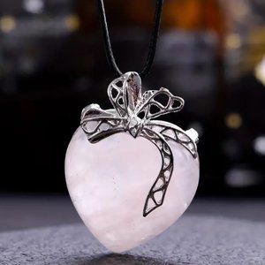 Rose Quartz Natural Gemstone Love Heart Bow Knot Pendant Necklace Gemstone